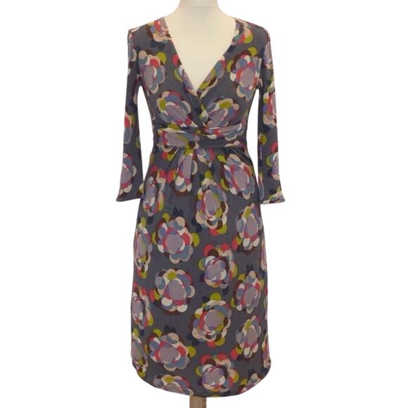 Boden Dress 3/4 Sleeve Floral Print Cinched Plunge V-neck Midi Gray Women's 10L - Picture 1 of 6